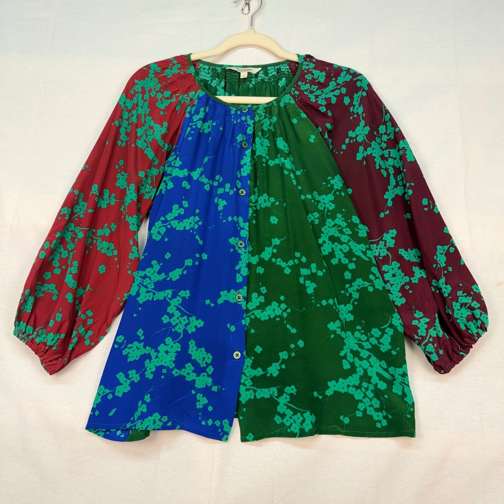 Tucker Silk Colorblock Floral Blouse Smocked Neck Balloon Sleeve Multi Color S